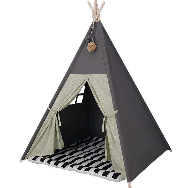 Grey Cotton Canvas Kids teepee Tent Outdoor and Indoor - Portable Playhouse for Girl/Boy